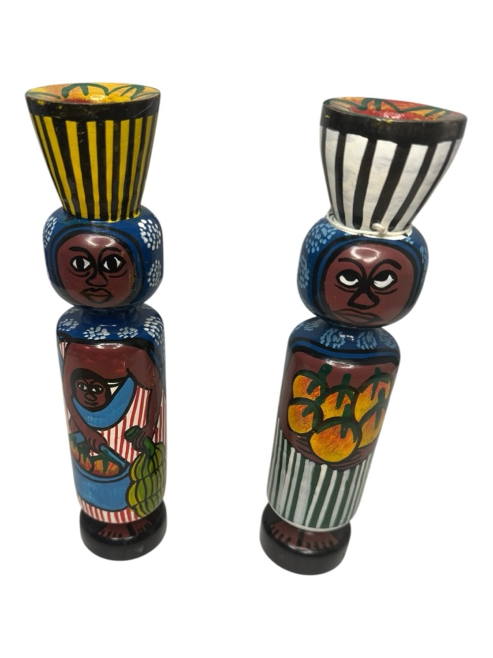 African / Caribbean Hand-Painted Wooden Folk Art Candlesticks | 8”